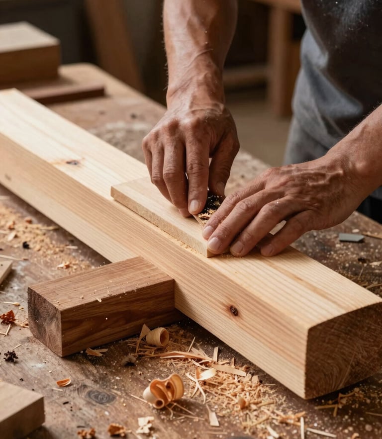 Hands holding a traditional timber slick, shaving a massive pine beam on a workshop table filled with wood shavings, side-lit.