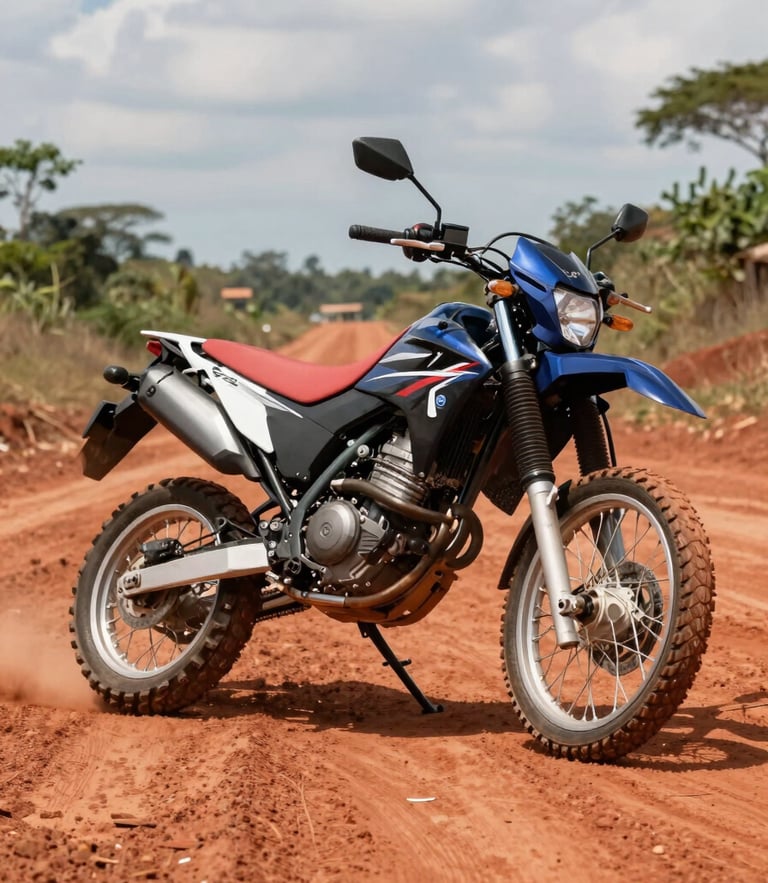 Dynamic low-angle shot of a Yamaha XTZ motorcycle parked on a red dirt road in San José del Guaviare, bright natural daylight, high contrast.