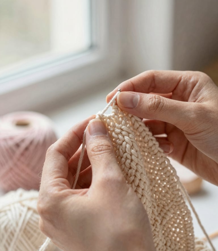 Close-up of hands crocheting with warm beige yarn under soft window light, showing detailed stitch texture, cozy and elegant atmosphere