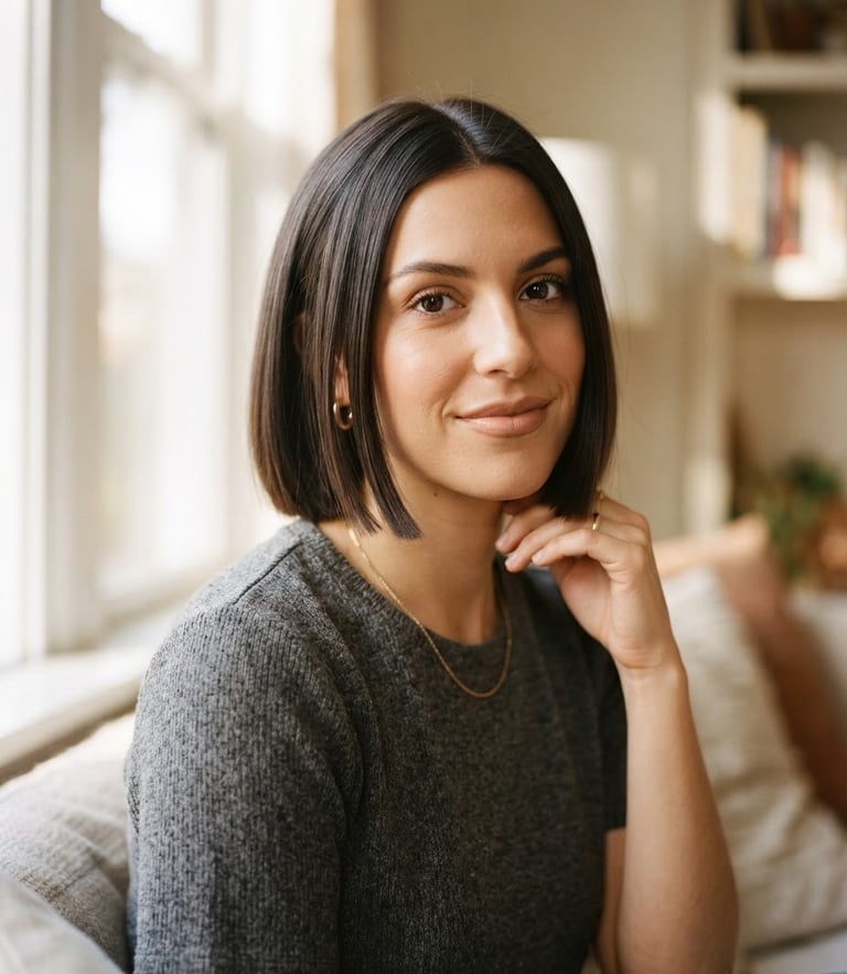 Elegant portrait of a woman with a structured modern bob, soft natural window light, warm nude tones, shallow depth of field, 35mm