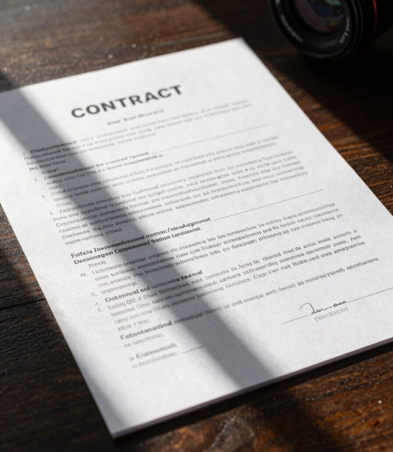 A high-contrast macro photograph of a structured financial contract on a dark wooden table, with sharp morning light casting linear architectural shadows.