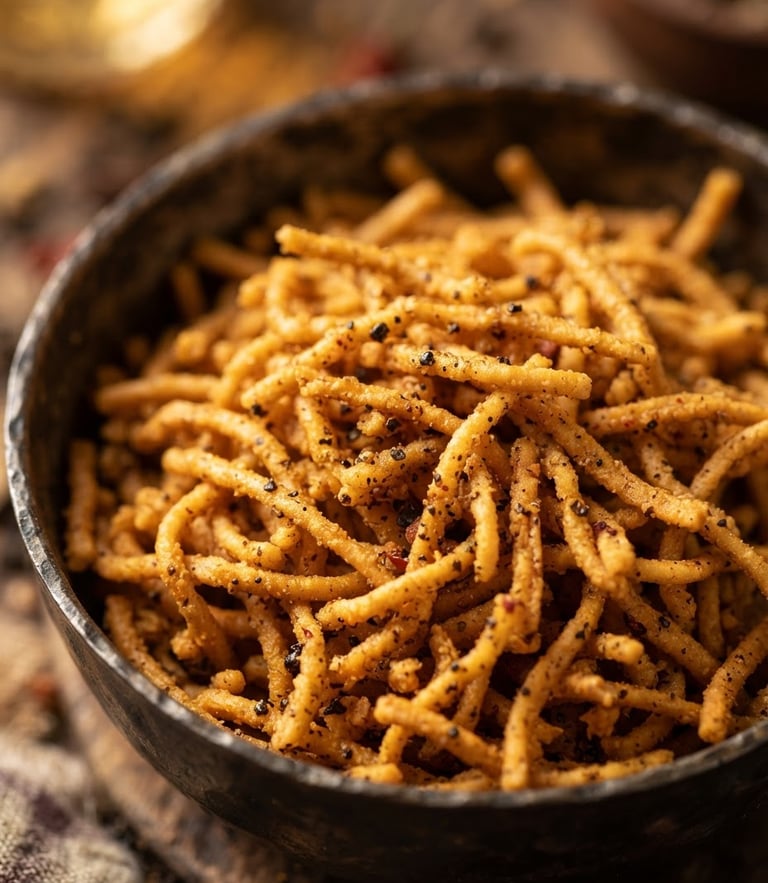 Macro texture of deep-golden Ratlami Sev with visible black pepper flecks in a traditional dark iron vessel, warm side-lighting, shallow depth of field