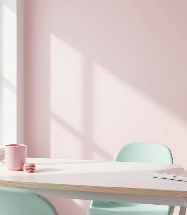 Bright minimalist modern office setup with soft pastel pink and mint green accents, clean desk, diffused natural daylight, 35mm photography