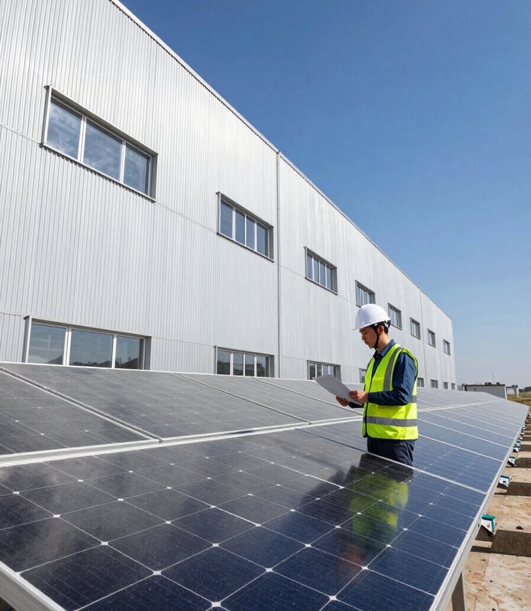 An industrial solar engineer in a high-visibility vest inspecting a solar panel array under direct, bright sunlight, wide architectural angle, crisp metallic tones.