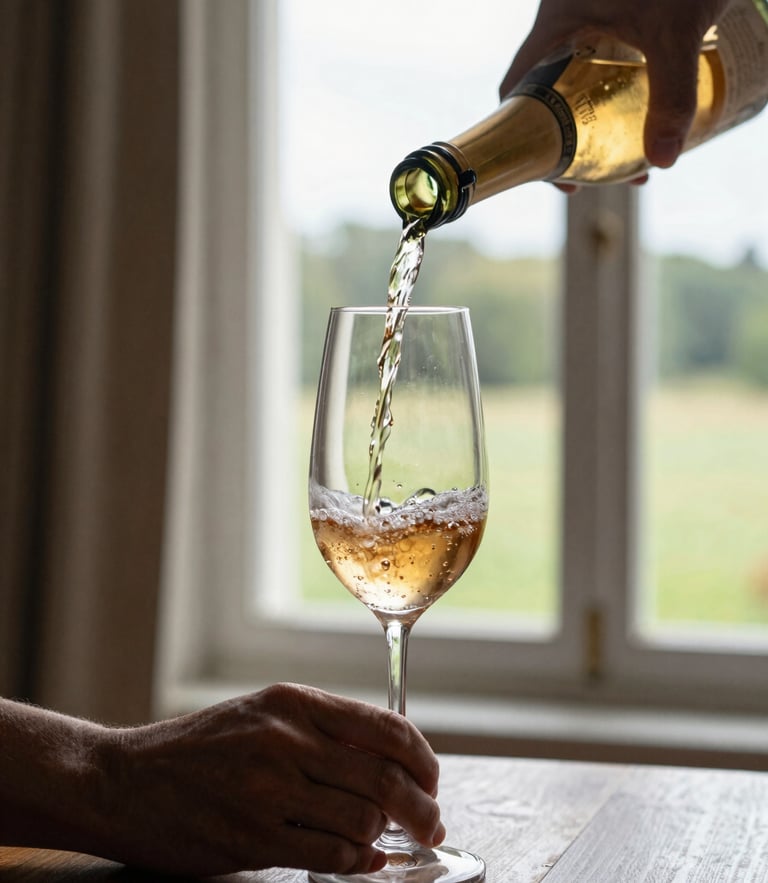 Plan serré vertical sur des mains soignées versant délicatement un Champagne ambré dans une flûte en cristal épurée, lumière douce de fin d'après-midi filtrant par une fenêtre de domaine.