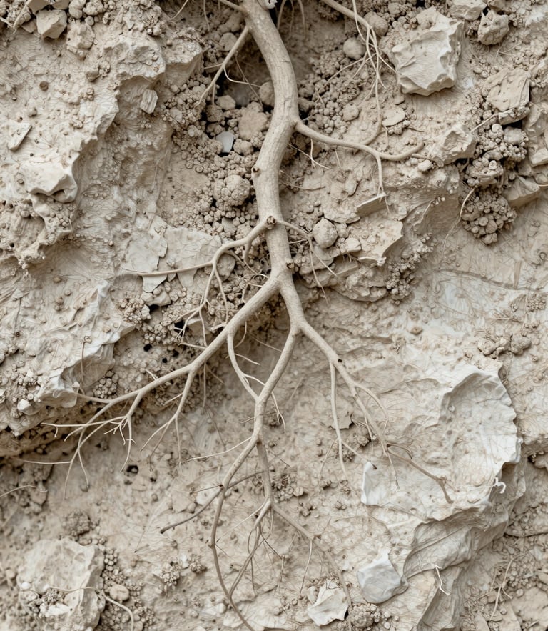 Macro shot of chalky limestone soil and delicate vine roots, soft diffused natural light, minimalist composition, editorial style