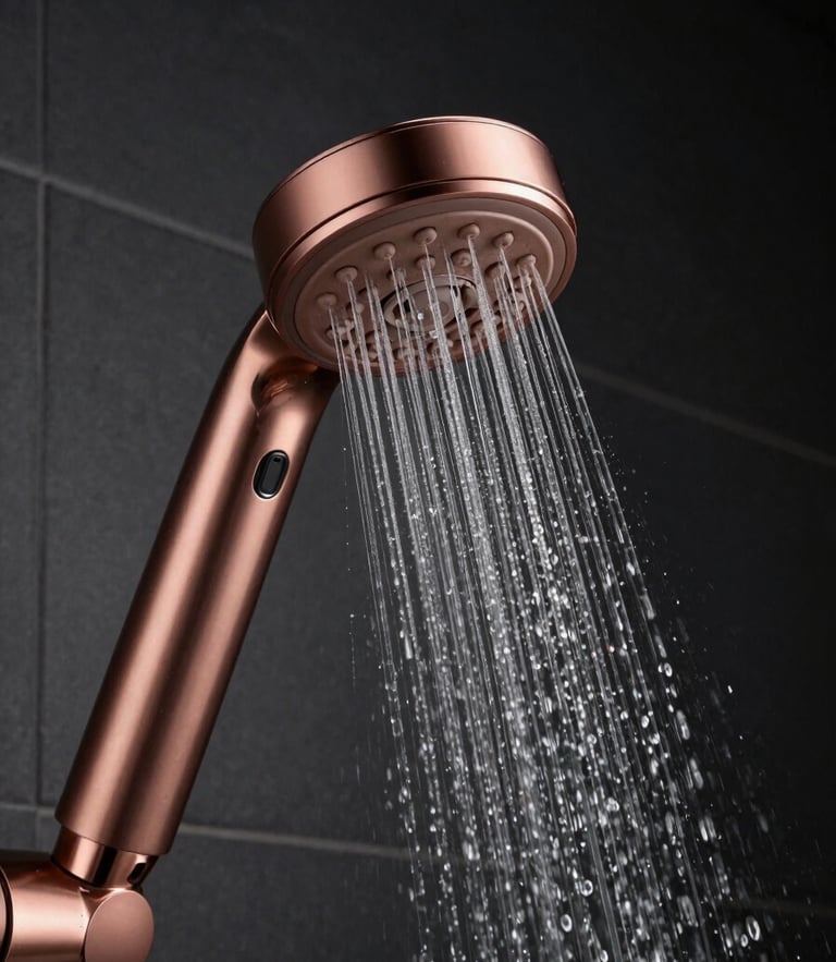 Macro shot of a sleek rose gold shower head with delicate water stream, dark anthracite tiled background, dramatic side lighting