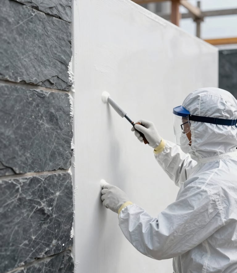 Crisp industrial photography of a technician in full protective safety gear applying a white fire-retardant polyurethane coating to a commercial wall assembly, bright natural construction-site light, cool slate tones, sharp focus, 35mm