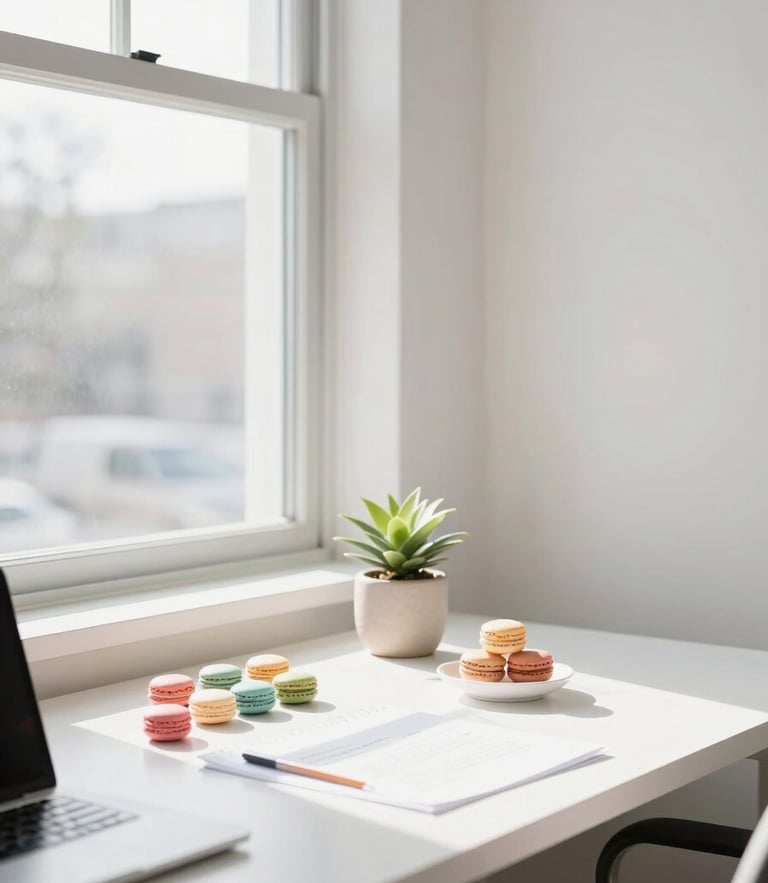 bright minimalist photography, soft natural daylight, pastel macaron color accents, clean airy composition, 35mm. A local Wisconsin office desk with a neatly organized workspace, a small green plant in a ceramic pot, and warm sunlight streaming through a large window.