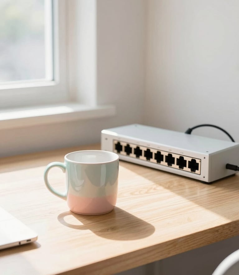 A bright minimalist workspace in Platteville with natural sunlight streaming through a window, a soft pastel macaron colored mug on a wooden desk next to a neatly organized network switch, 35mm.