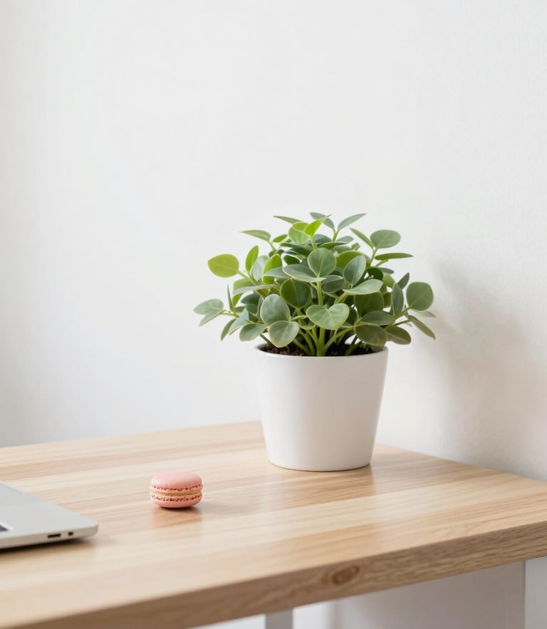 A bright, high-key photo of a clean local office workspace in Platteville with soft natural daylight, a minimalist wooden desk, and a pastel green plant.