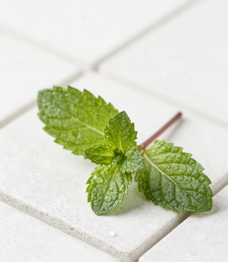 Macro photography of pure botanical mint leaves with morning water droplets on a clean white stone tile, bright diffused daylight, clinical editorial style