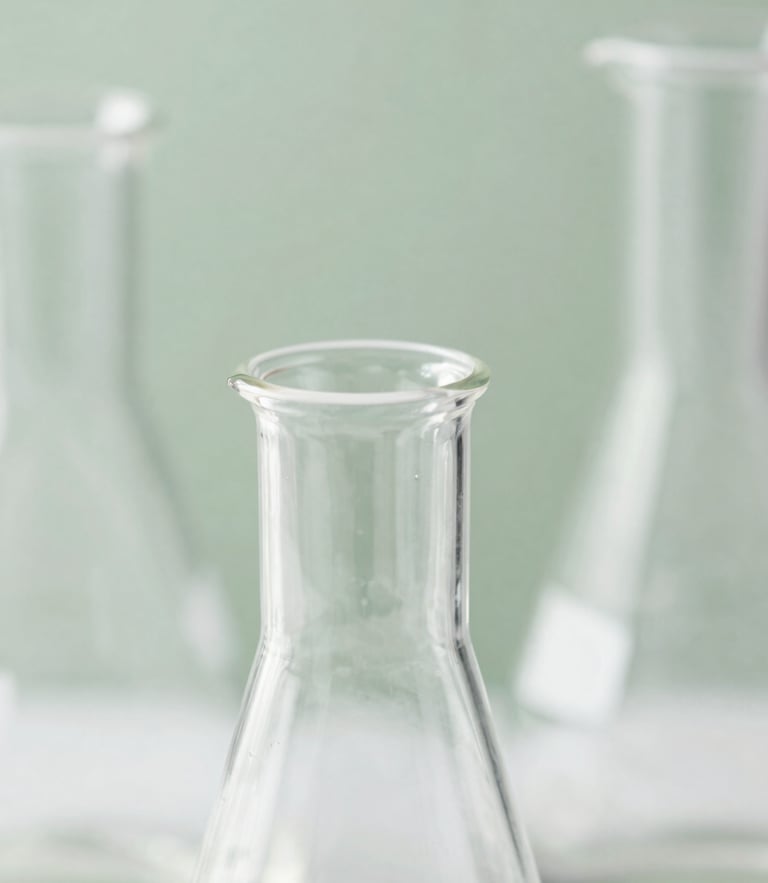 Macro photograph of clean scientific laboratory glassware reflecting bright diffused daylight, soft sage green background, high detail editorial photography