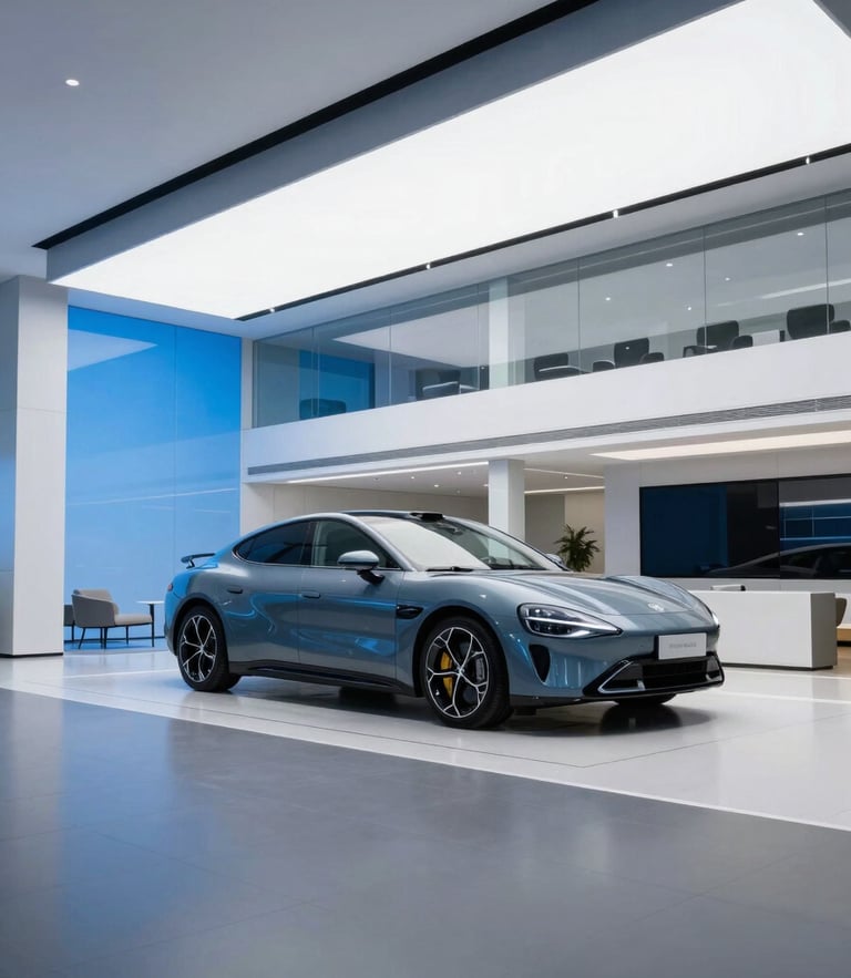 Sleek modern automotive showroom with clean glass walls, high-key blue studio highlights, wide 35mm angle