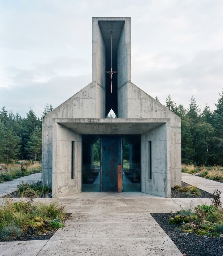 Symmetrical minimalist concrete architecture with clean lines, soft diffused daylight, deep blue shadows, sharp focus, 35mm lens