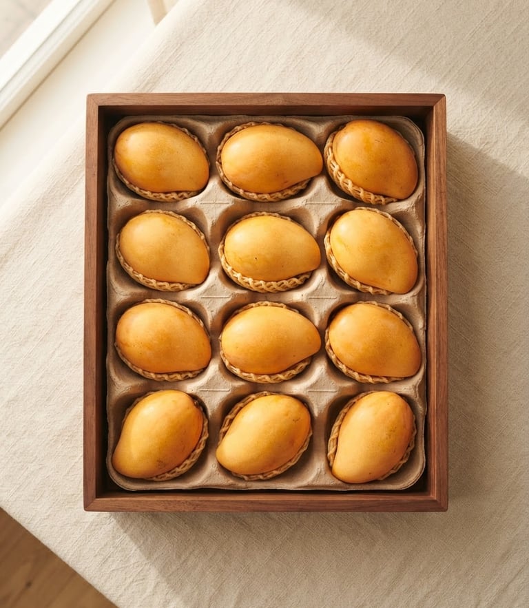 Overhead flat-lay of a premium wooden gift box filled with individually cradled golden mangoes on a cream linen background, soft window light.