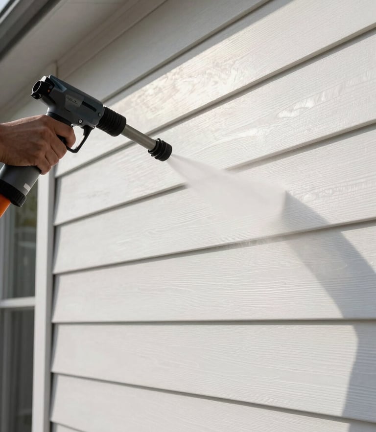 Crisp architectural detail of high-end modern home siding, bright morning sun reflecting off clean white panels, professional soft-washing nozzle applying gentle mist.