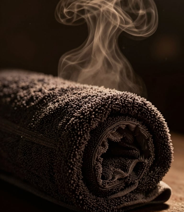 Macro photograph of warm steam rising from a dark rolled cotton towel, low-key dramatic side-lighting, amber glowing tones, shallow depth of field, 35mm