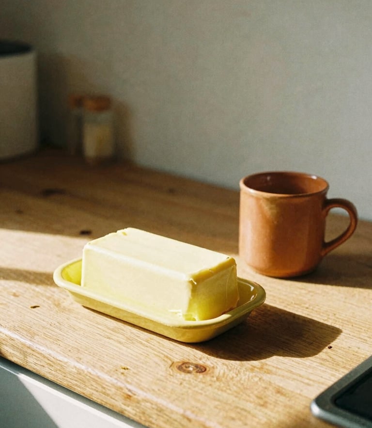 A warm, bright kitchen scene with indirect sunlight hitting a mustard yellow butter dish and a terracotta mug on a slightly messy wooden counter, 35mm film style.