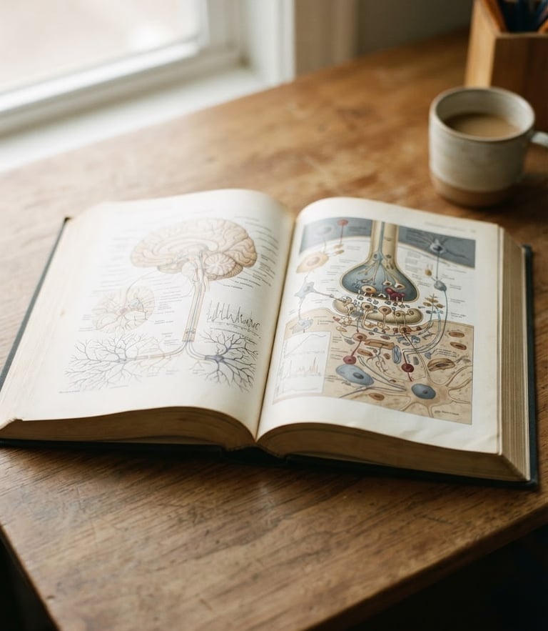 A close-up of an open neuroscience textbook on a clean wooden desk, soft diffused morning light casting gentle shadows, editorial 35mm photography