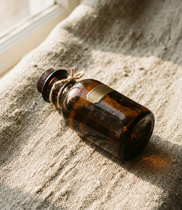 Macro photography of a dark amber glass bottle on raw linen fabric, soft natural morning sunlight casting long shadows, warm tones, 35mm