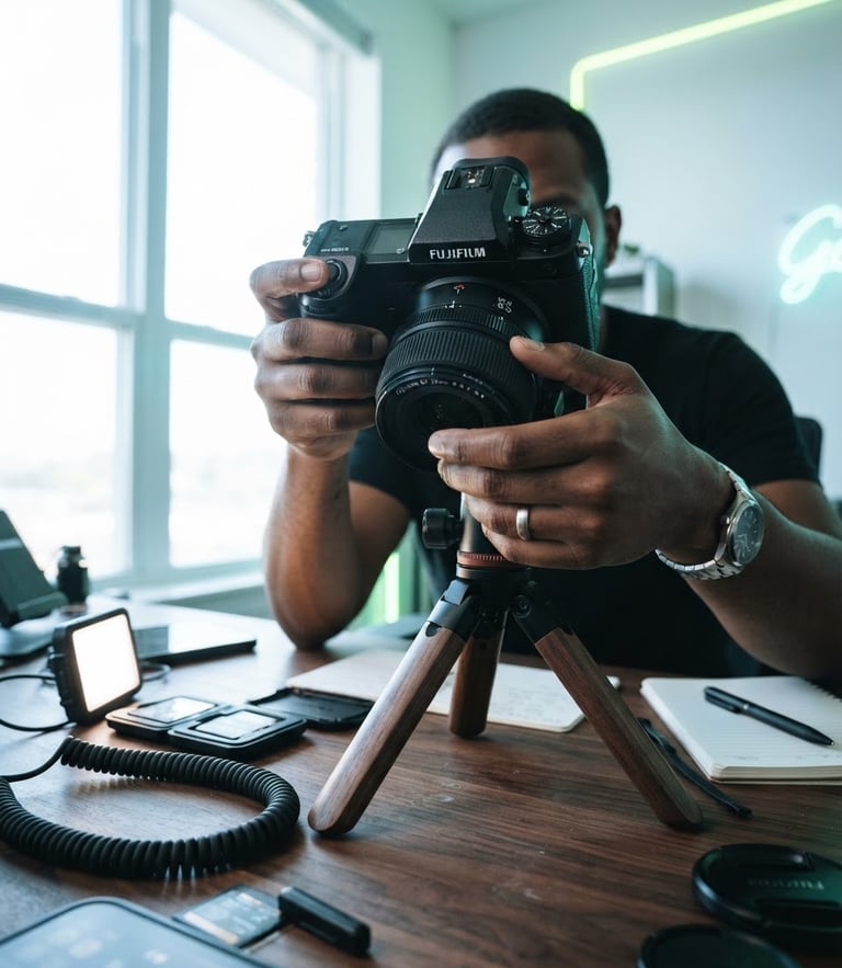 Dynamic low-angle shot of a professional camera setup on a desk, high-quality mirrorless camera, hands adjusting a lens, bright natural daylight mixed with subtle electric lime neon accents, 35mm lens, modern editorial photography.