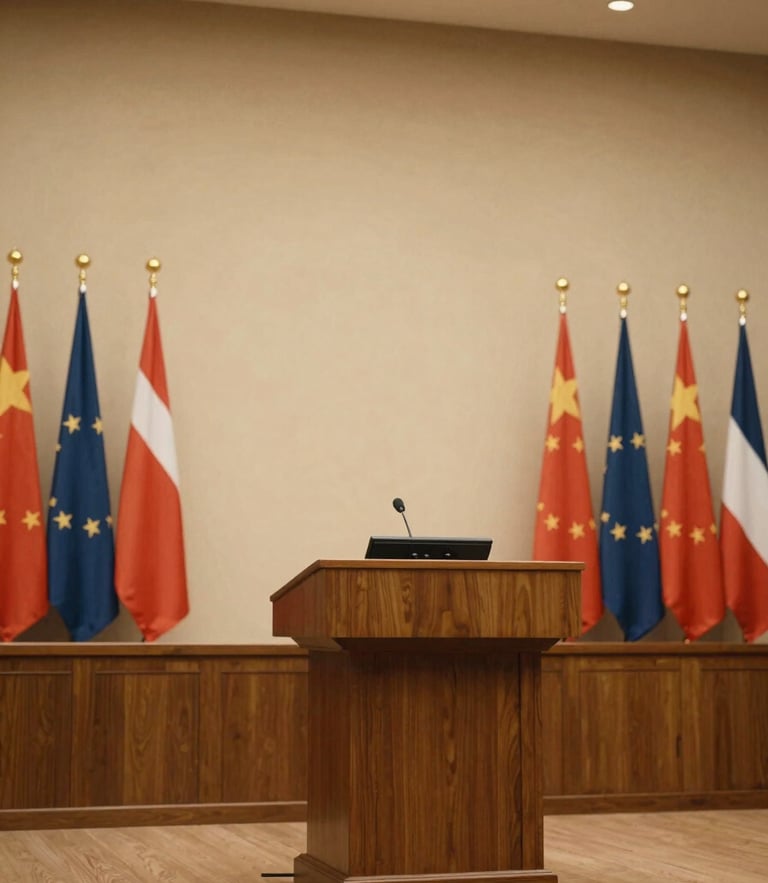 Cinematic wide-angle shot of a formal government hall, soft warm gold lighting on a wooden podium, national flags in background, clean composition
