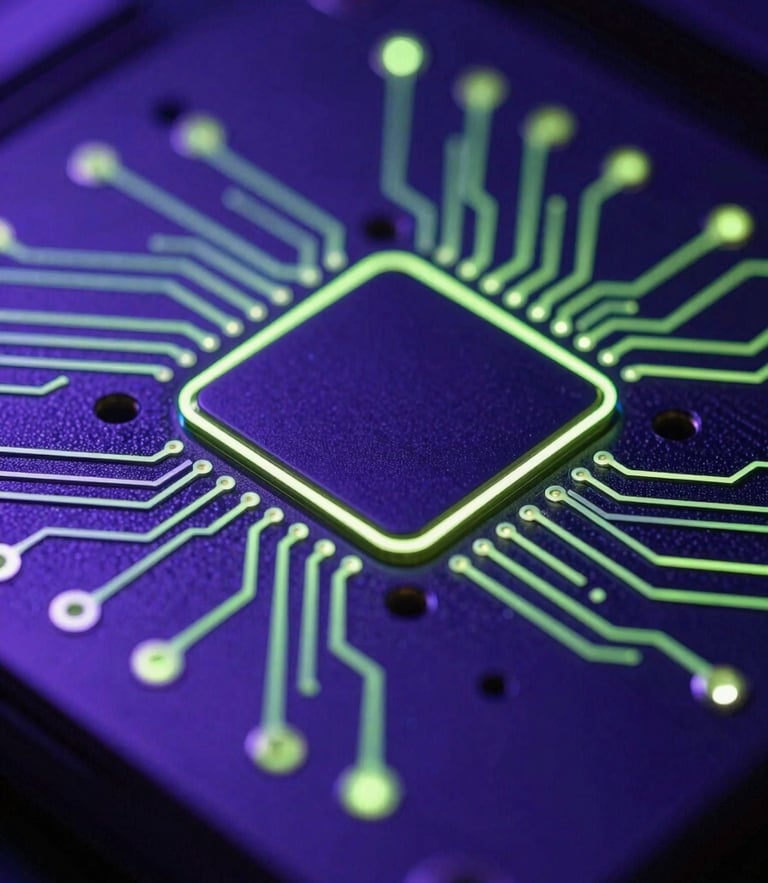 Macro close-up of high-end server hardware glowing with deep purple and blue studio lighting, sharp lime-green neon accent lines tracing the circuits, 35mm dark editorial photography
