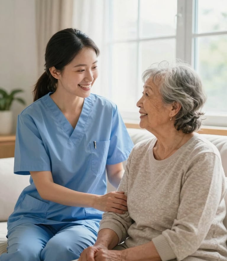 A warm professional caregiver smiling next to an elderly woman in a sunlit living room, soft natural window light, bright airy tones, 35mm lens