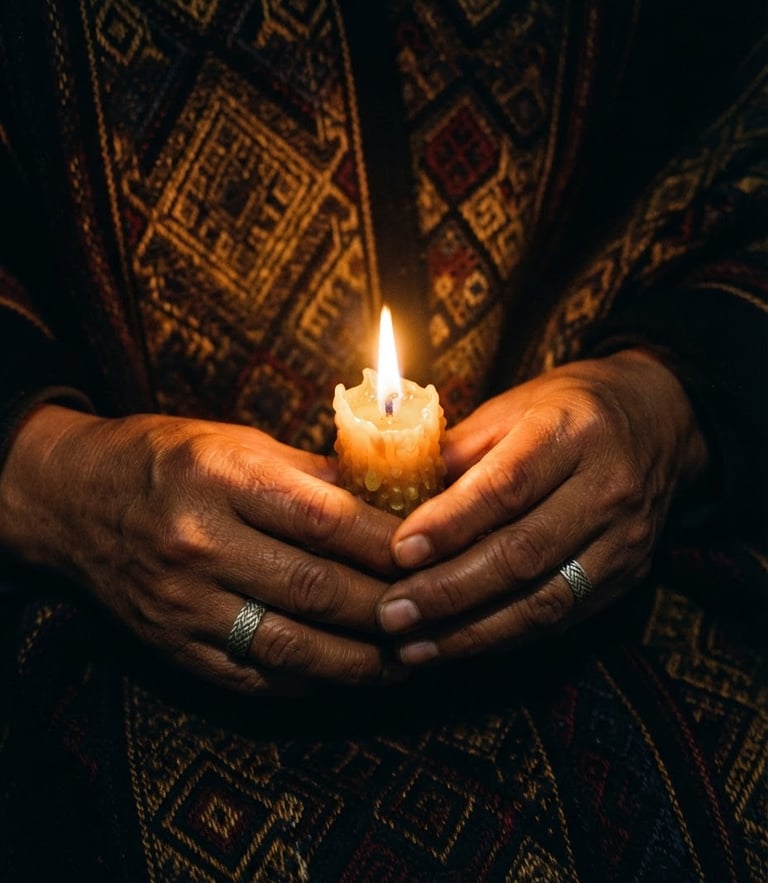 Close-up of hands holding a sacred beeswax candle, warm candlelight casting deep golden shadows on dark Andean textiles, mystical editorial photography, 35mm
