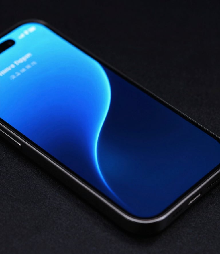 Sleek tech photography, close-up of a modern smartphone displaying a high-contrast web interface with vibrant neon blue and cyan glow, dark reflective surface background, sharp focus, 35mm
