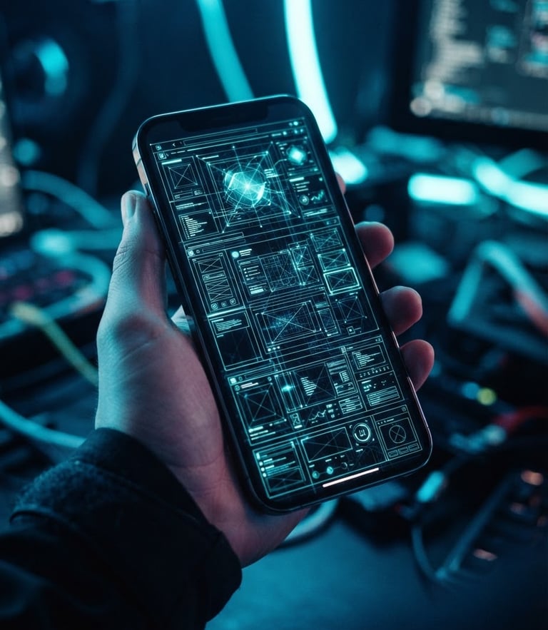 Sleek tech photography, dark background, vibrant neon blue and cyan light, sharp focus, modern smartphone showing a website interface in development, 35mm