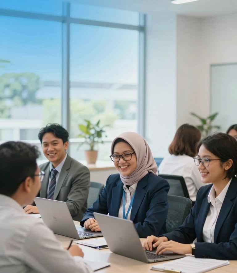 Vibrant editorial photography of successful Indonesian school alumni in professional attire smiling in a modern collaborative workspace, bright natural daylight, soft blue tech glow.