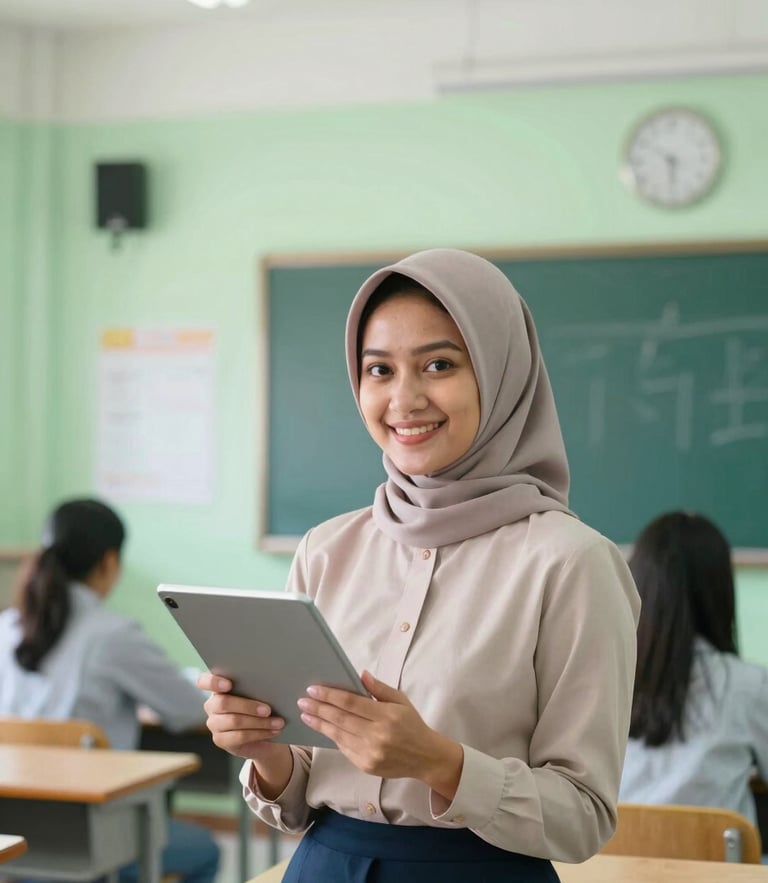Portrait of a modern Indonesian female teacher in a smart classroom, holding a digital tablet, smiling warmly, soft green and blue lighting, clean school background.