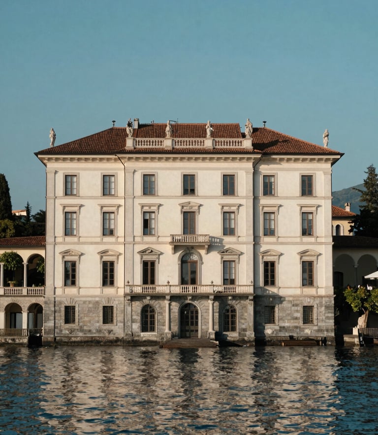Elegant historic villa facade on Lake Maggiore, soft afternoon sunlight reflecting off the calm water, architectural symmetry, editorial photography style.