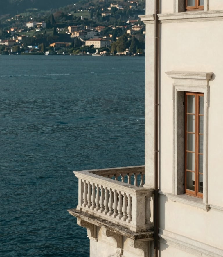Elegant editorial photography of a historic villa balcony overlooking Lake Maggiore, soft morning light, deep teal water, medium format