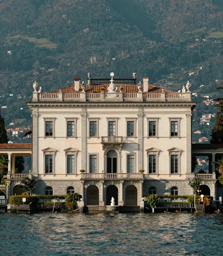 elegant editorial photography, soft natural lakeside light, deep teal and warm white tones, architectural symmetry, medium format. A majestic historic villa on the shores of Lake Maggiore, beautiful stone facade, pristine gardens, calm water in the background.
