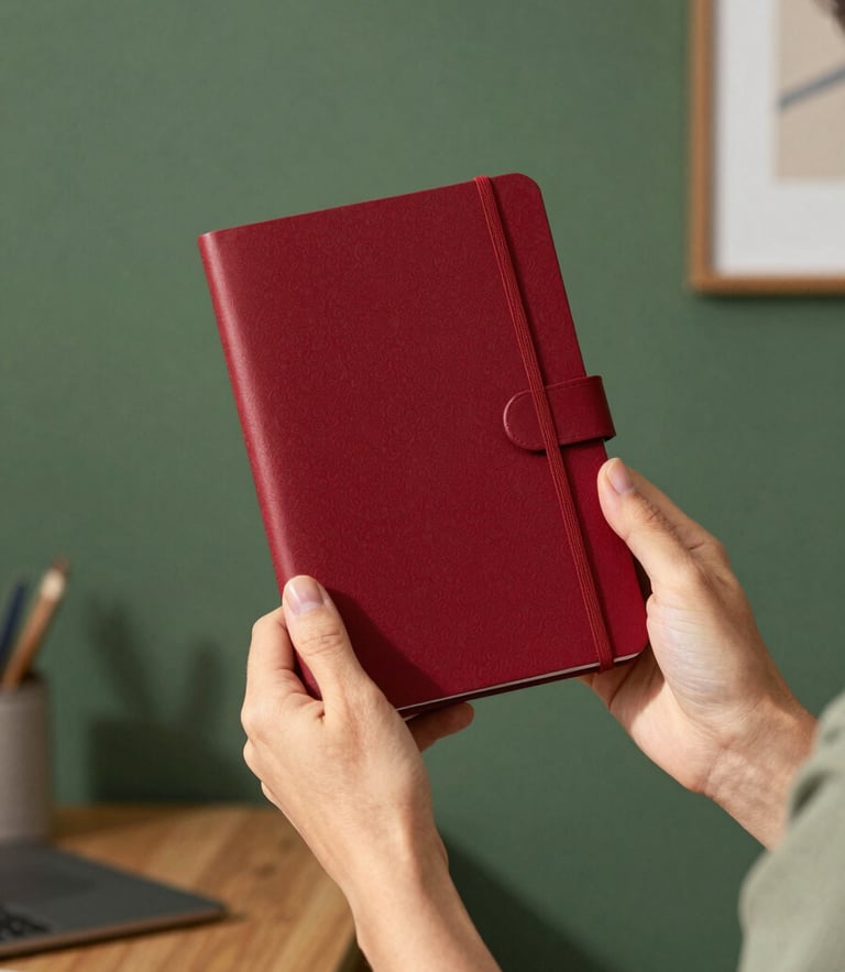 A vertical portrait shot of a designer in a warm, cozy Scandinavian-style workspace, holding a beautifully crafted crimson brand notebook, soft natural daylight, matte forest green background, 35mm lens, editorial photography