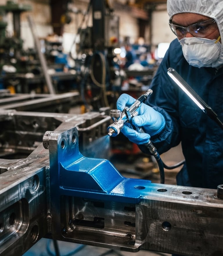 Close-up of a technician in clean protective gear applying a precision industrial coating to a structural metal frame, sharp directional light, metallic blue highlights