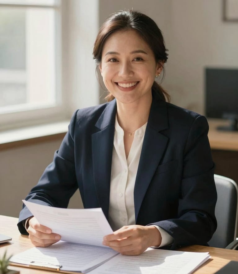 Environmental portrait of a female lawyer in her 30s, warm friendly smile, sitting at a sunlit wooden desk with documents, soft natural window light, shallow depth of field, 35mm