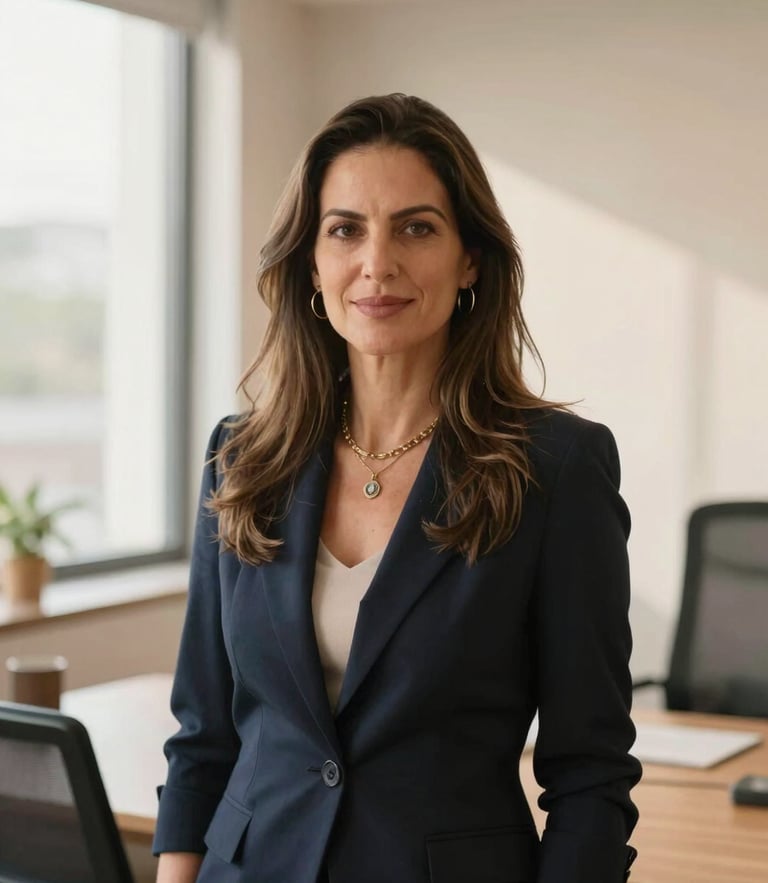 Dra. Bruna Luciana, environmental portrait in a sunlit, modern office, warm editorial photography, soft natural window light, looking welcomingly at the camera, shallow depth of field, 35mm