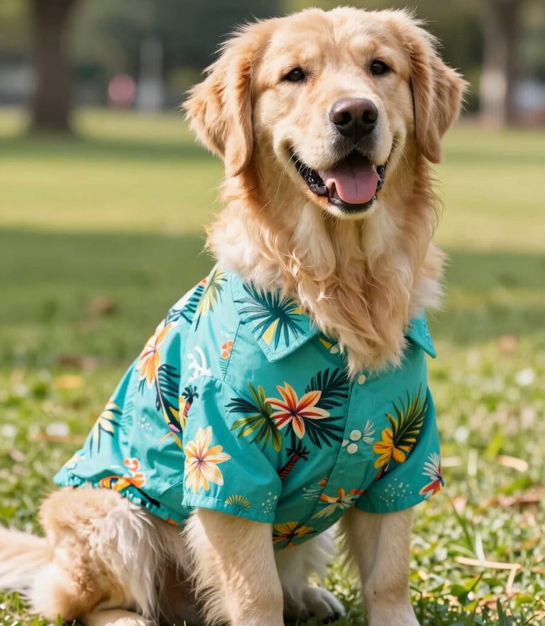 Bright pet photography of a happy Golden Retriever wearing a vibrant turquoise tropical shirt, sitting in a sunny park, natural warm daylight, 35mm lens