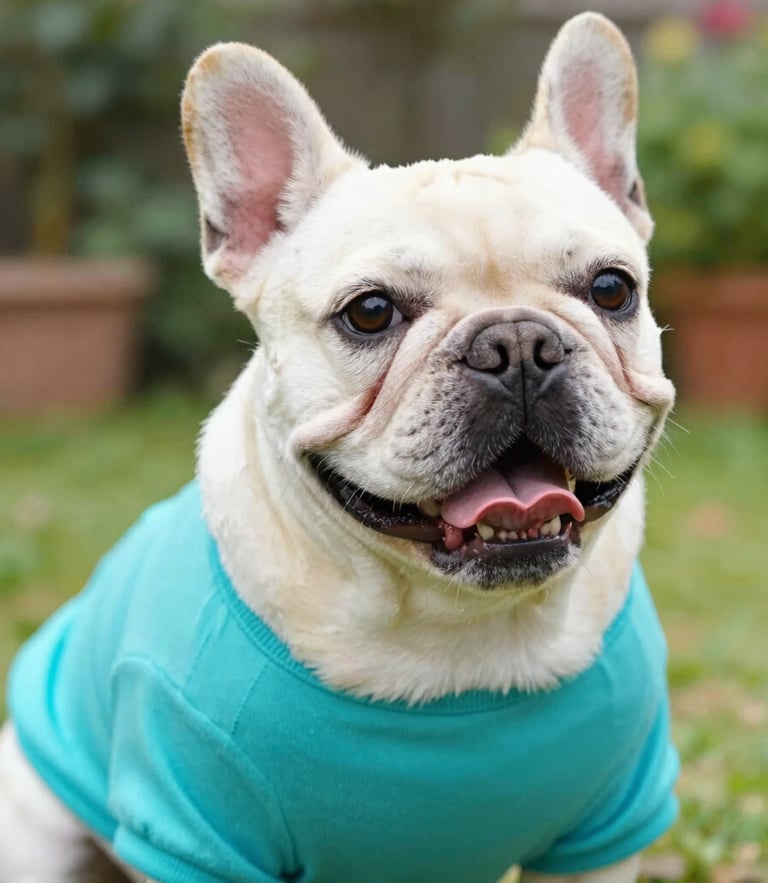 Close-up portrait of a cute happy French bulldog wearing a vibrant turquoise shirt, bright natural daylight, outdoor garden setting, soft focus