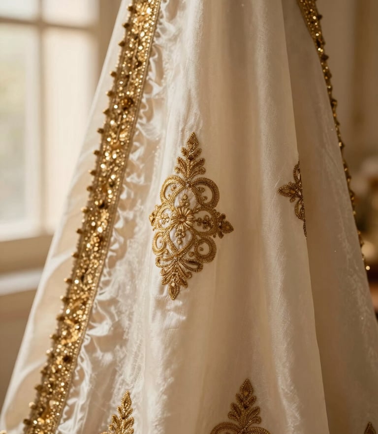 Macro close-up of intricate gold tilla and zardozi embroidery on rich ivory silk fabric, soft golden-hour window light, shallow depth of field, warm editorial fashion photography