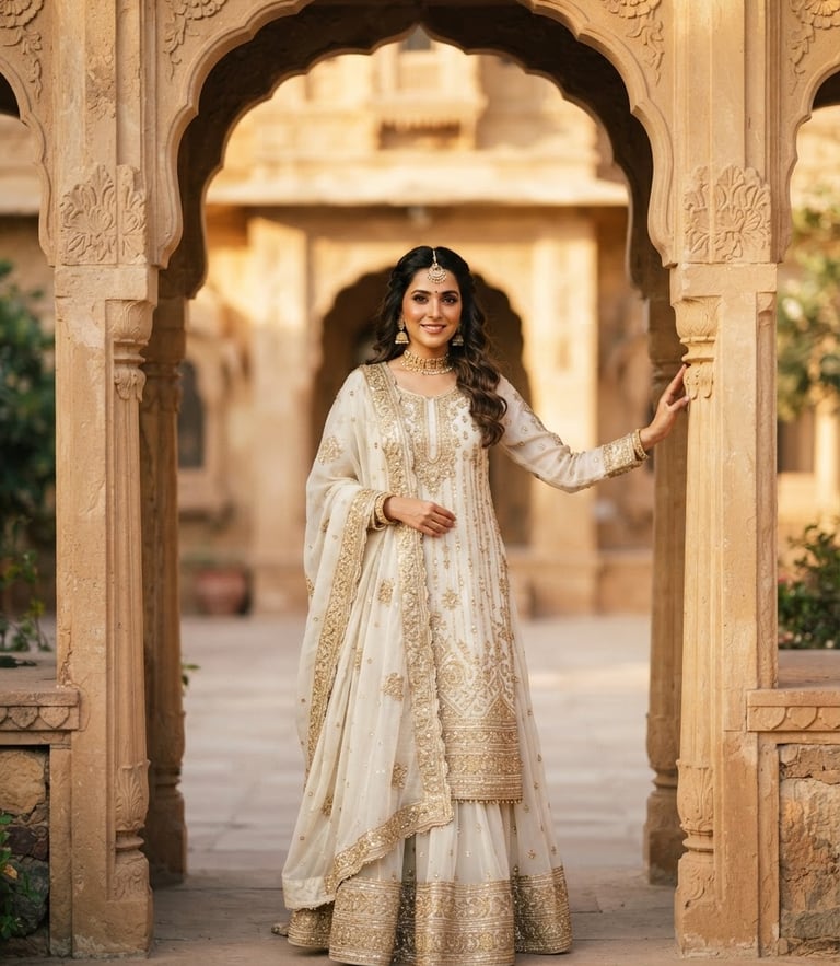 Elegant portrait of a South Asian woman in a gold-embroidered ivory chiffon dress, soft golden-hour light, architectural archway in background, 35mm