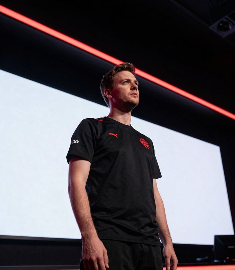 Dramatic low-angle shot of a professional esports coach standing in front of giant arena screens, sharp red rim light, 35mm focus