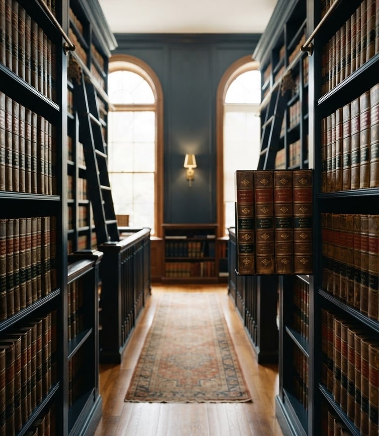 Symmetrical legal library with leather-bound books, soft natural side light, deep blue tones, shallow depth of field, professional editorial style