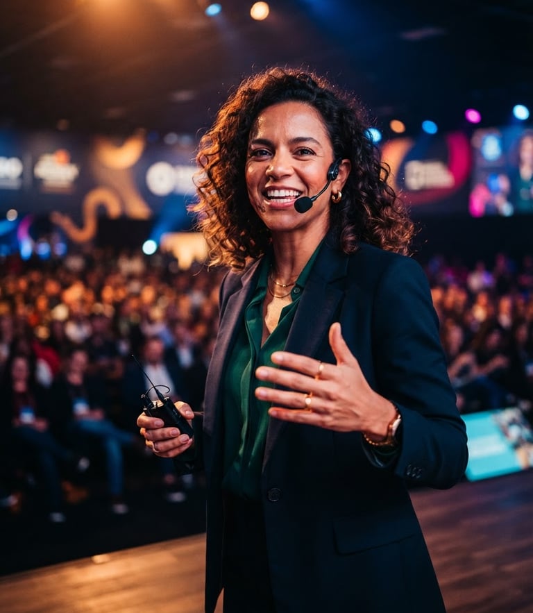 Warm editorial portrait of Ju Sousa, a charismatic Brazilian female speaker, smiling confidently with high-contrast stage lighting, energetic corporate atmosphere, rich saturated tones, shallow depth of field.