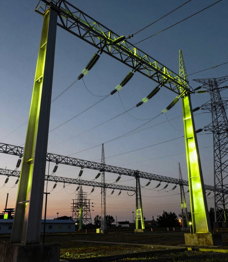 Wide environmental shot of modern electrical grid infrastructure at dusk, sharp chartreuse neon light reflecting off steel structures, dramatic high-contrast shadows.