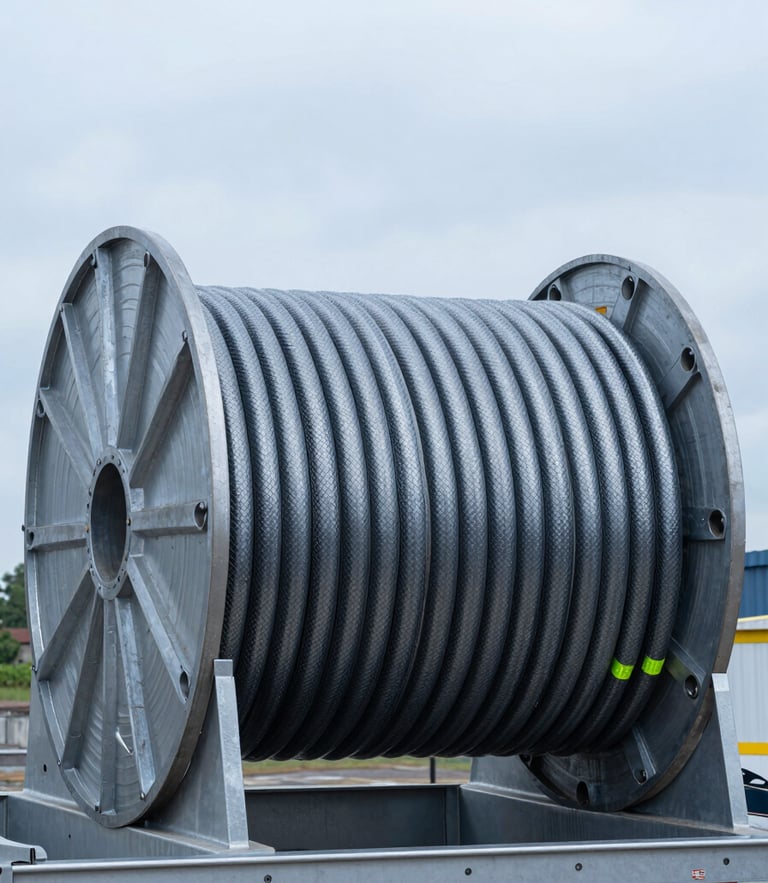 Heavy industrial coiled line pipe spool on a transport trailer, crisp overcast daylight, cool steel blue tones, detailed metallic texture.